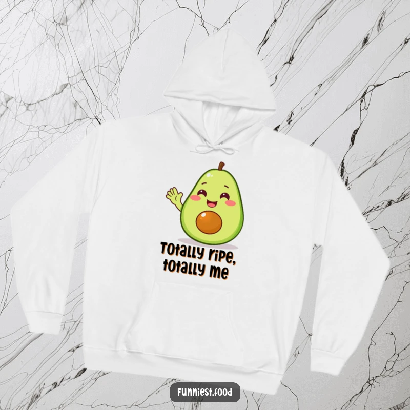 Funny avocado hoodie showcasing a delighted avocado character extending a friendly wave, perfect for cozy humor.