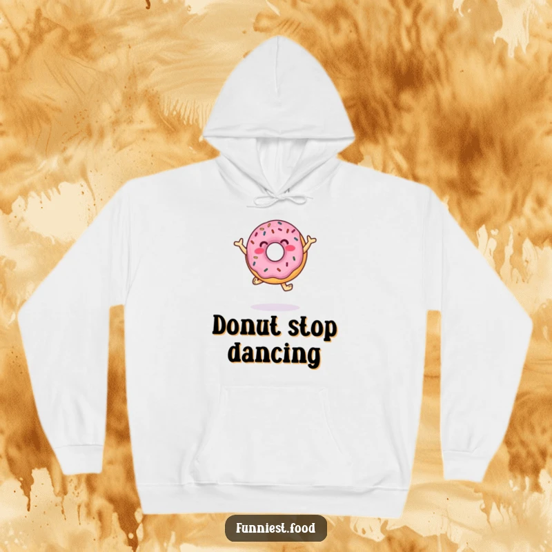 Funny Hoodie with a jumping donut character adorned with colorful sprinkles, caught in a fun dance move, perfect for cozy enjoyment.