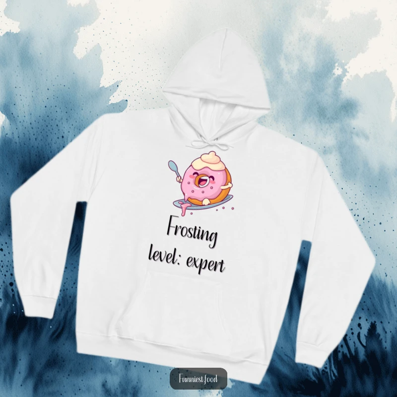 Funny donut hoodie featuring a joyful donut with dripping frosting surfing a spoon, perfect for a comfy, fun gift.