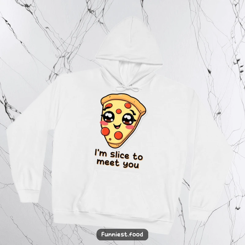 Funny giggling pizza hoodie, a slice with pepperoni eyes, warm and humorous clothing.