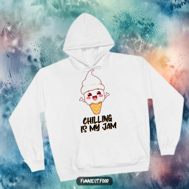 Funny Hoodie featuring an excited ice cream cone character sporting a cone hat, perfect for staying warm and stylishly cool.