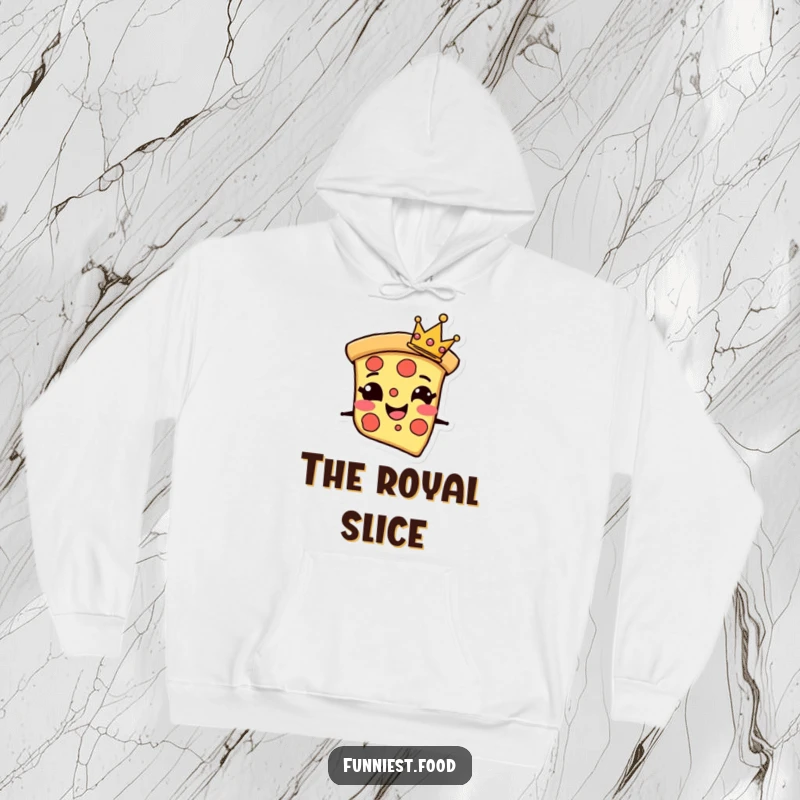 Funny Hoodie showcasing a grinning pizza slice character wearing a tiny crown, perfect for staying warm and stylishly cheesy.