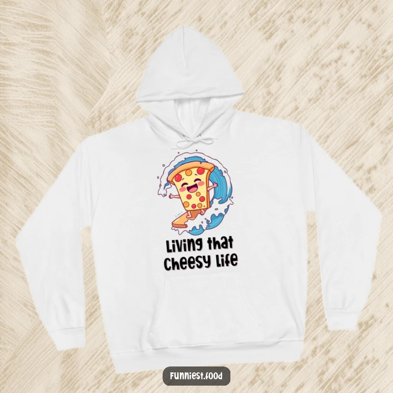 Funny laughing pizza slice surfing a soda wave on a hoodie, offering warmth and quirky humor, a perfect funny gift.