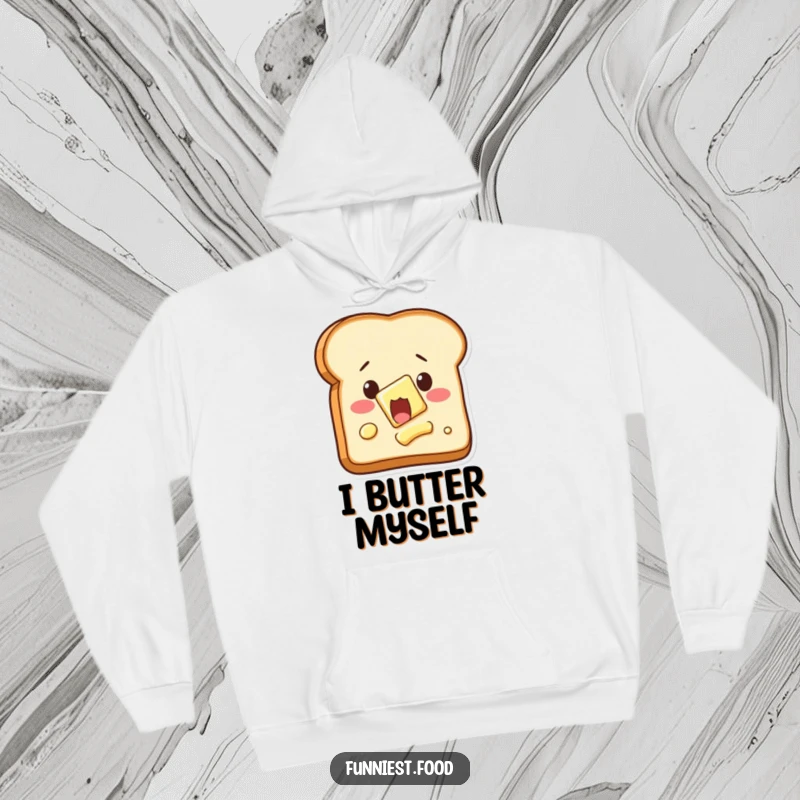 Funny shocked toast hoodie, with butter spreading itself, warm and humorous clothing.