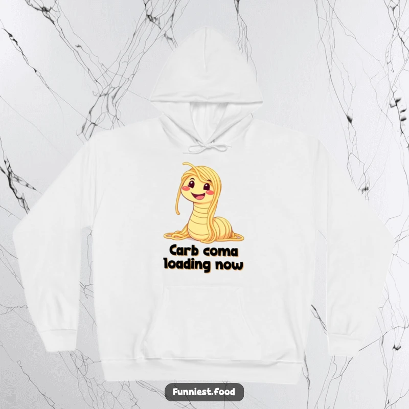 Funny hoodie showcasing a smiling worm made of spaghetti, offering a cozy and humorous statement piece for pasta enthusiasts.