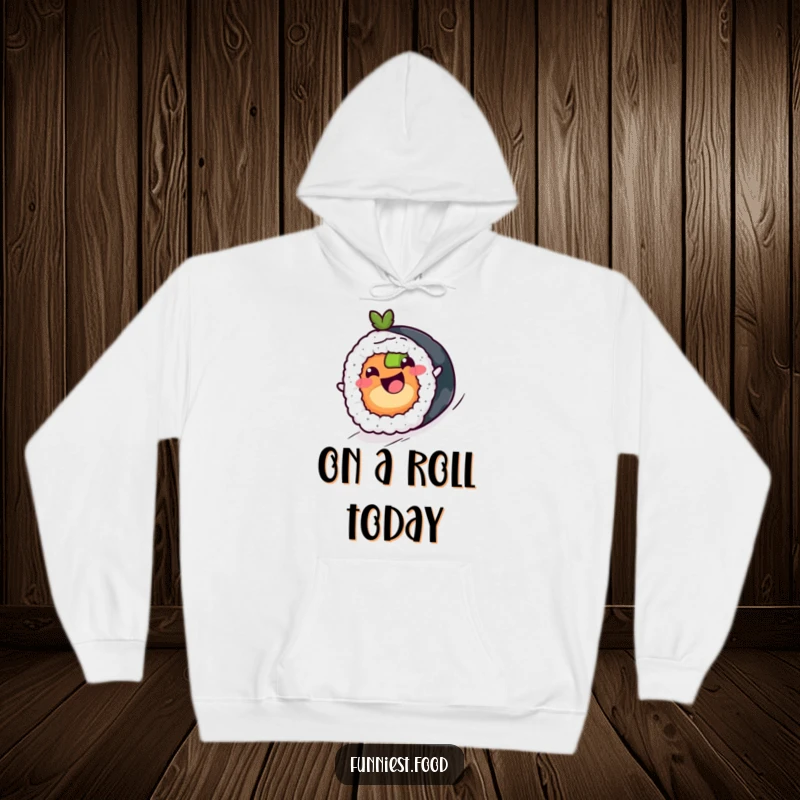 Funny sushi roll character with a happy face, rolling downhill on a cozy hoodie, a humorous and comfortable apparel.