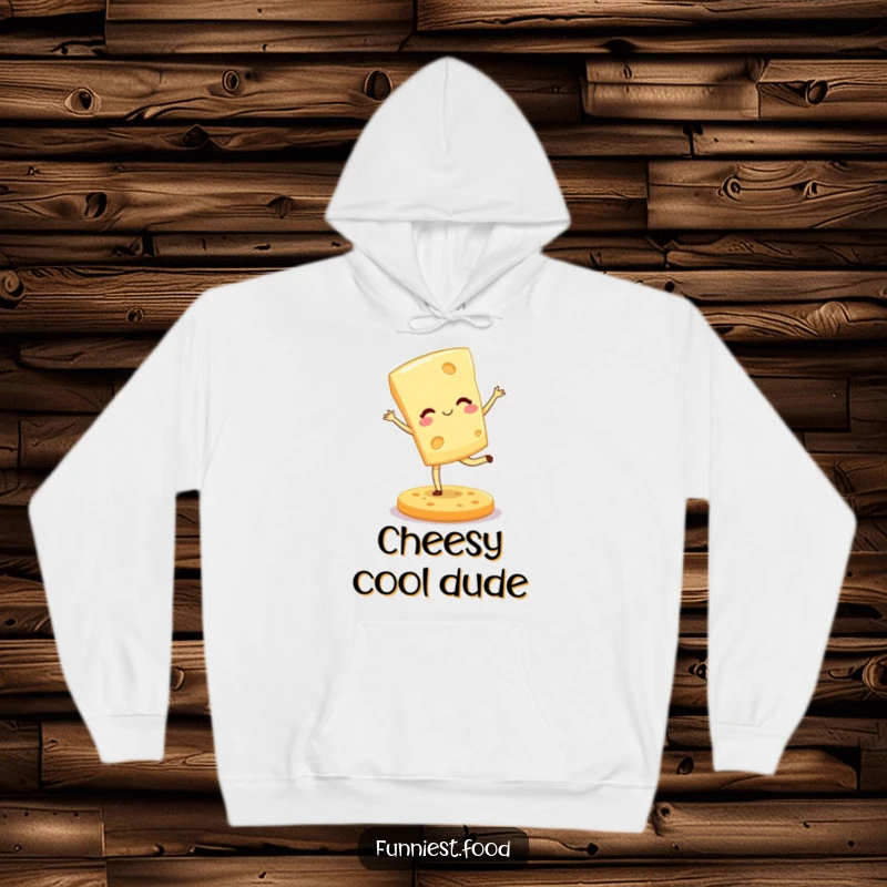 Funny hoodie showing a winking cheese wedge gracefully pirouetting on a cracker, offering warmth and a chuckle.