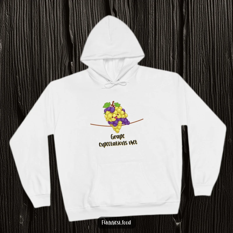 Funny hoodie featuring a giddy bunch of grapes balancing on a tightrope, designed for comfort and laughs.