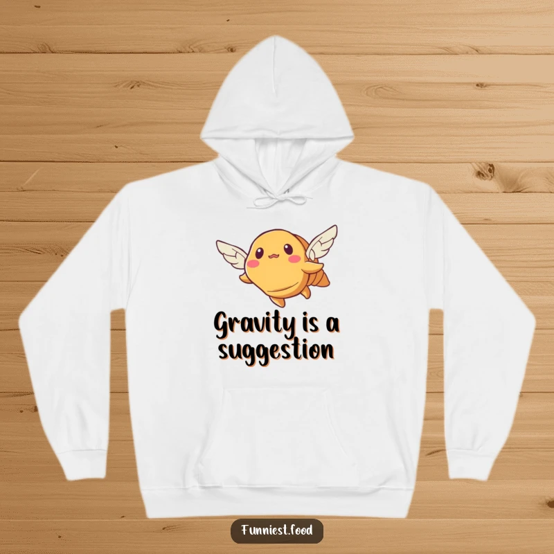 Funny croissant hoodie, a bewildered pastry with tiny wings attempting flight, cozy and humorous winter wear.