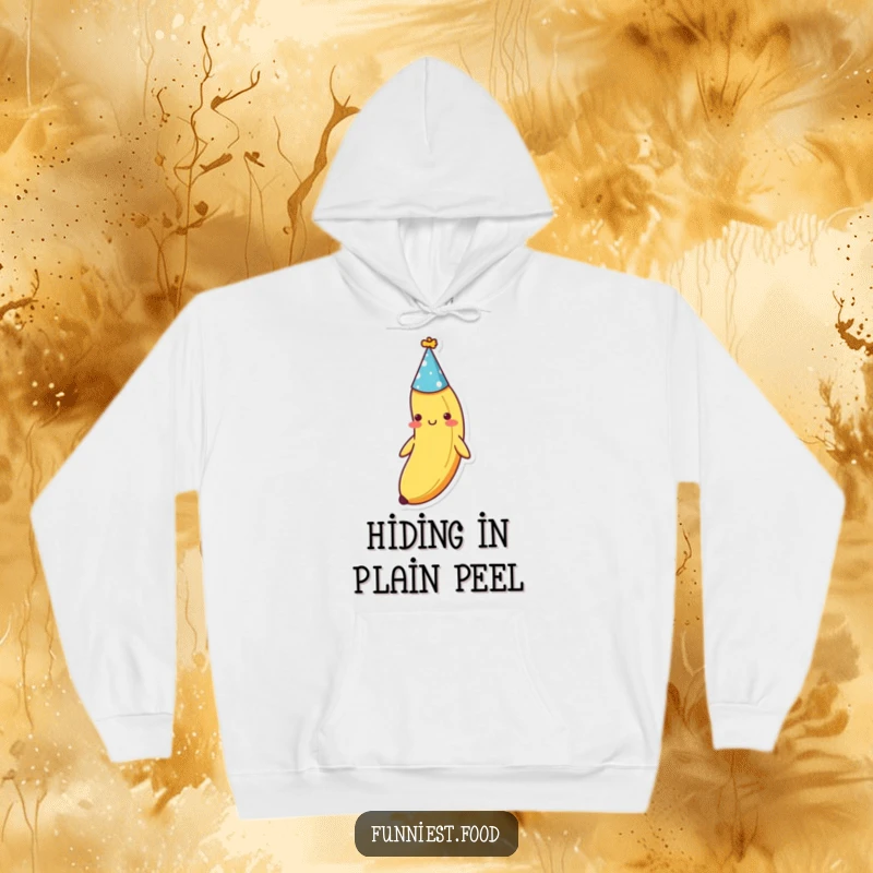 Funny shy banana wearing a party hat, depicted on a soft hoodie, offering comfort and quiet amusement, a warm funny gift.