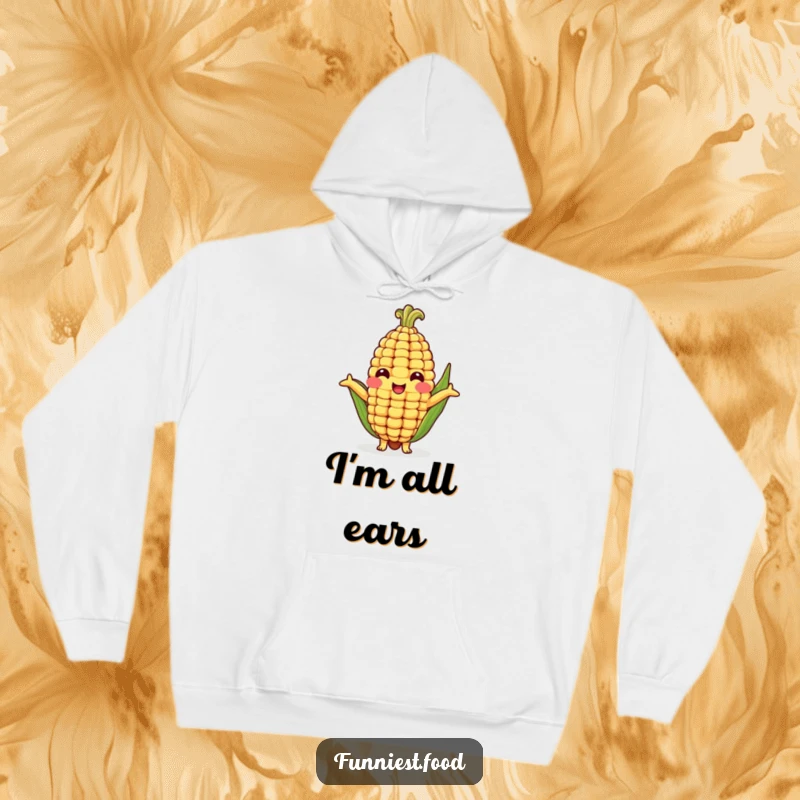 Funny hoodie featuring a friendly corn cob character with arms reaching out for a comforting, humorous hug, perfect for cozying up.