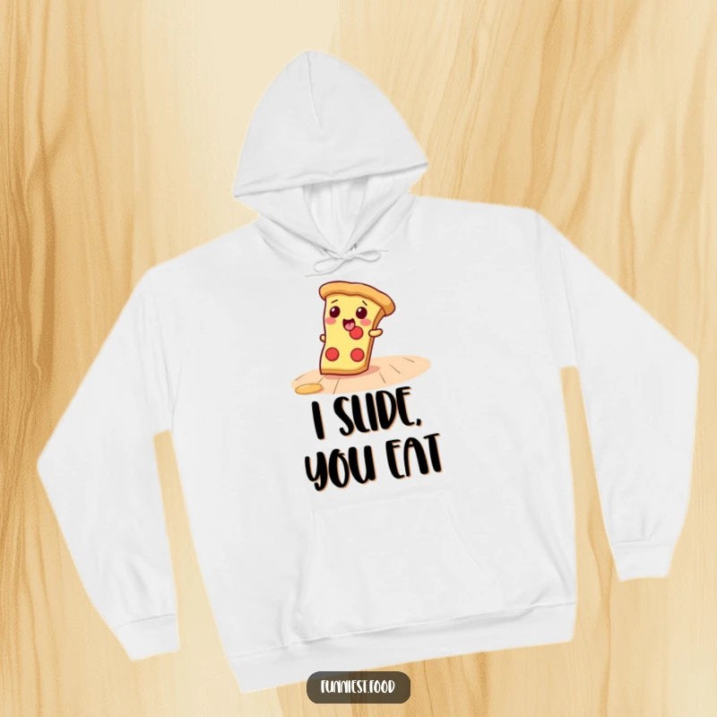 Funny Hoodie featuring a laughing pizza slice character sliding on a floor, offering warmth and a tasty dose of humor.