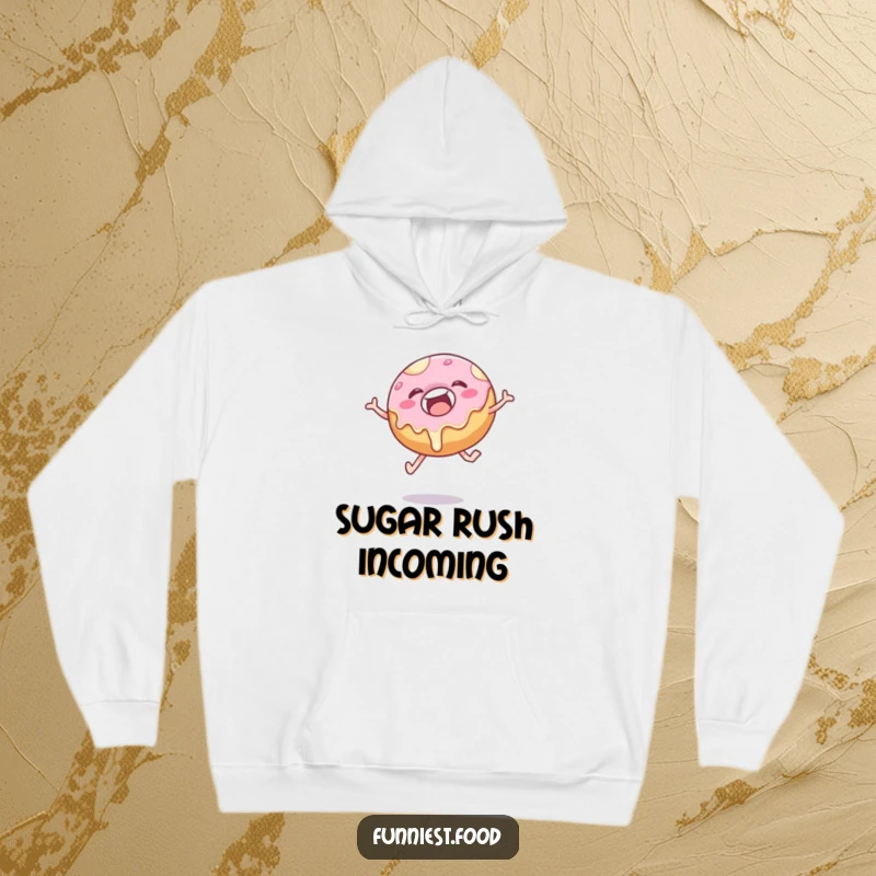 Funny donut hoodie featuring a delighted, frosting-dripping pastry in a dynamic, joyful leap, perfect for cozying up.