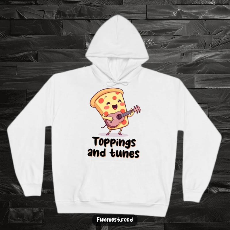 Funny Pizza Hoodie: A happy pizza slice character plays a miniature ukulele with energetic passion, radiating musical delight.