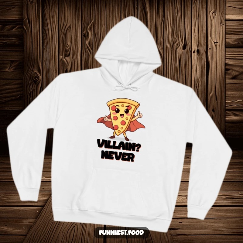 Funny Hero Pizza Slice Hoodie: A proud pizza slice dons a cape and strikes a heroic pose, ready for chilly adventures.