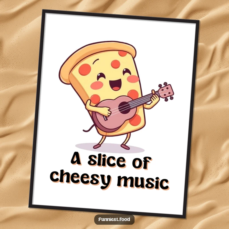 Funny Free Printable wall art depicting a pizza slice character energetically playing a miniature ukulele, adding musical joy to decor.