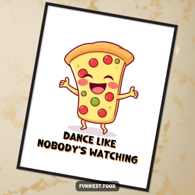 Funny free printable wall art showcasing a laughing pizza slice character in the middle of a hilarious, silly dance.