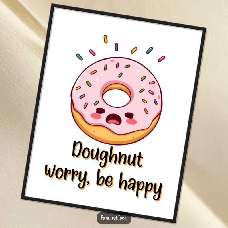 Funny free printable wall art of a bewildered donut with sprinkles raining down, creating a whimsical and humorous visual.