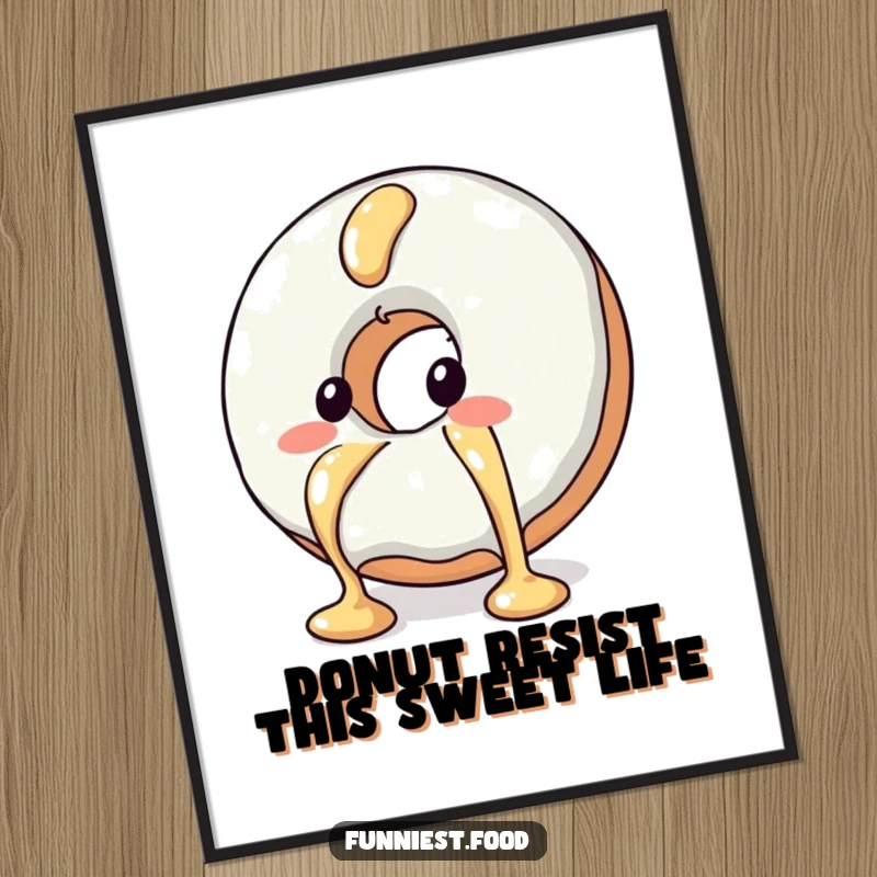 Funny Free Printable Wall Art: Blushing donut character comically evading a syrup drizzle, a whimsical design.