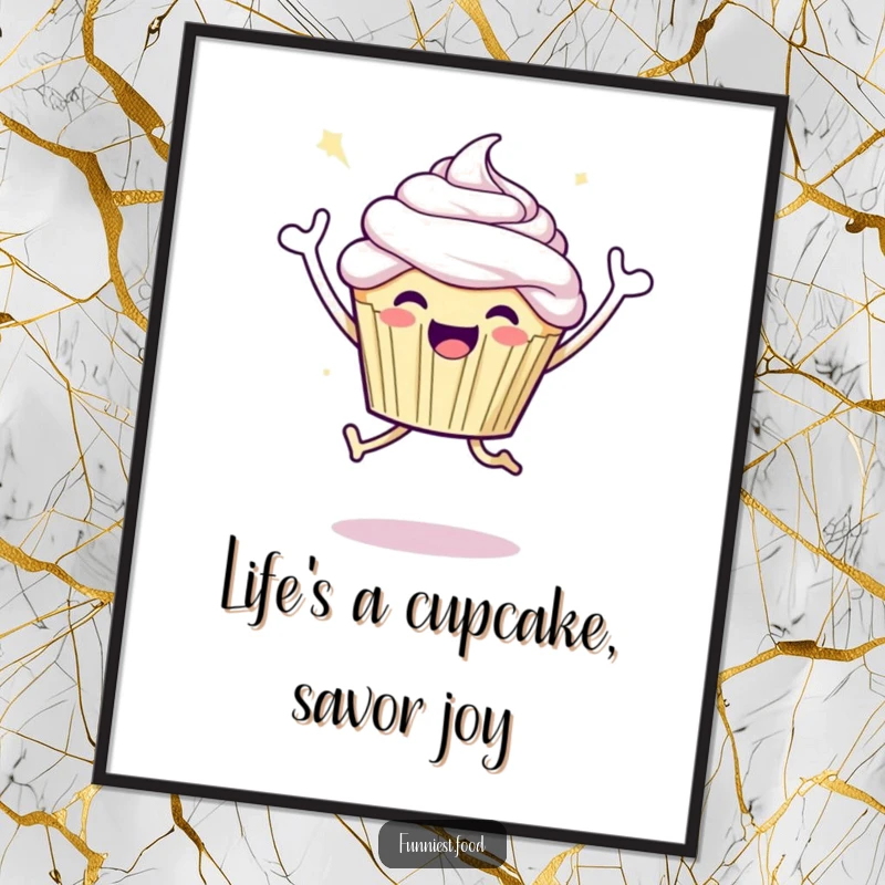 Funny Free Printable Wall Art: Joyful cupcake character captured in a lively celebratory jump, cheerful decor.