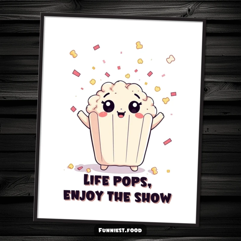 Funny Free Printable Wall Art: A piece of popcorn character with wide eyes joyfully throwing confetti, creating a festive atmosphere.