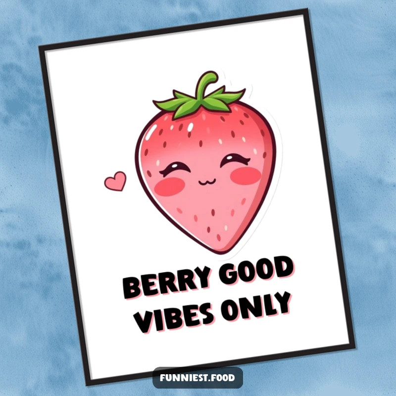 Funny free printable wall art featuring a cheerful strawberry character blowing a kiss, adding a touch of sweet silliness to any space.