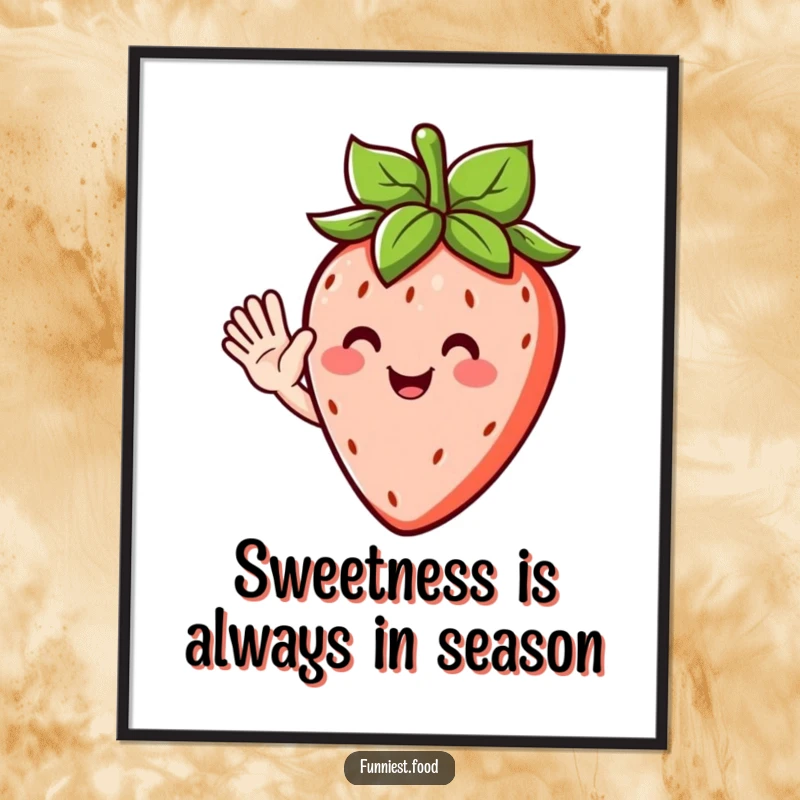 Funny Free Printable Wall Art depicting a happy strawberry character with leafy hair, joyfully waving hello.
