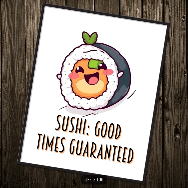 Funny free printable wall art of a cheerful sushi roll joyfully rolling downhill with an expression of pure delight.