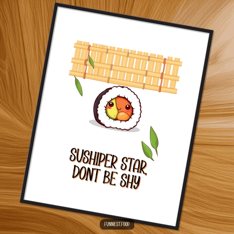 Funny Free Printable Wall Art: A shy sushi roll peeking bashfully from behind a bamboo mat.
