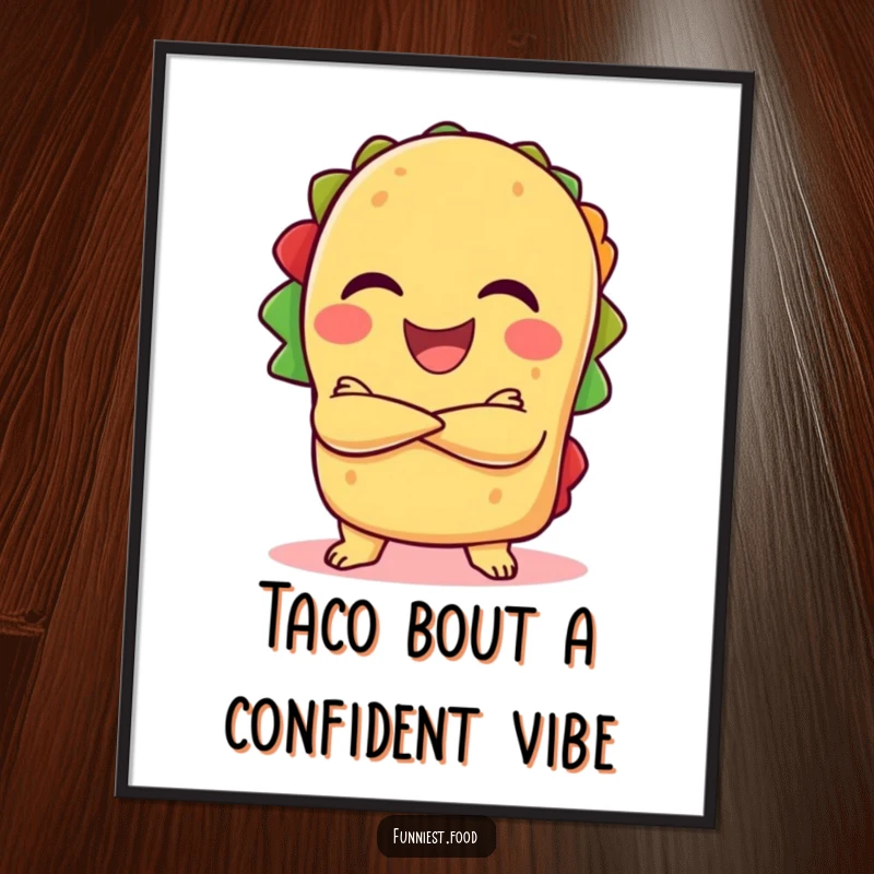 Funny free printable wall art of a laughing taco striking a confident pose with arms crossed and a big, bold grin.