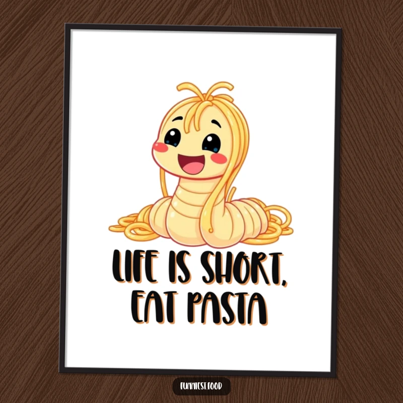 Funny Free Printable Wall Art: A comical worm constructed from spaghetti, wearing a giant, infectious smile.