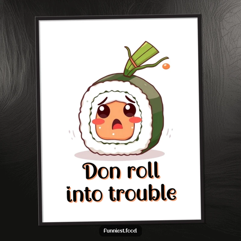 Funny Free Printable Wall Art: A startled sushi roll character narrowly avoids a flying piece of seaweed, humorous decor.