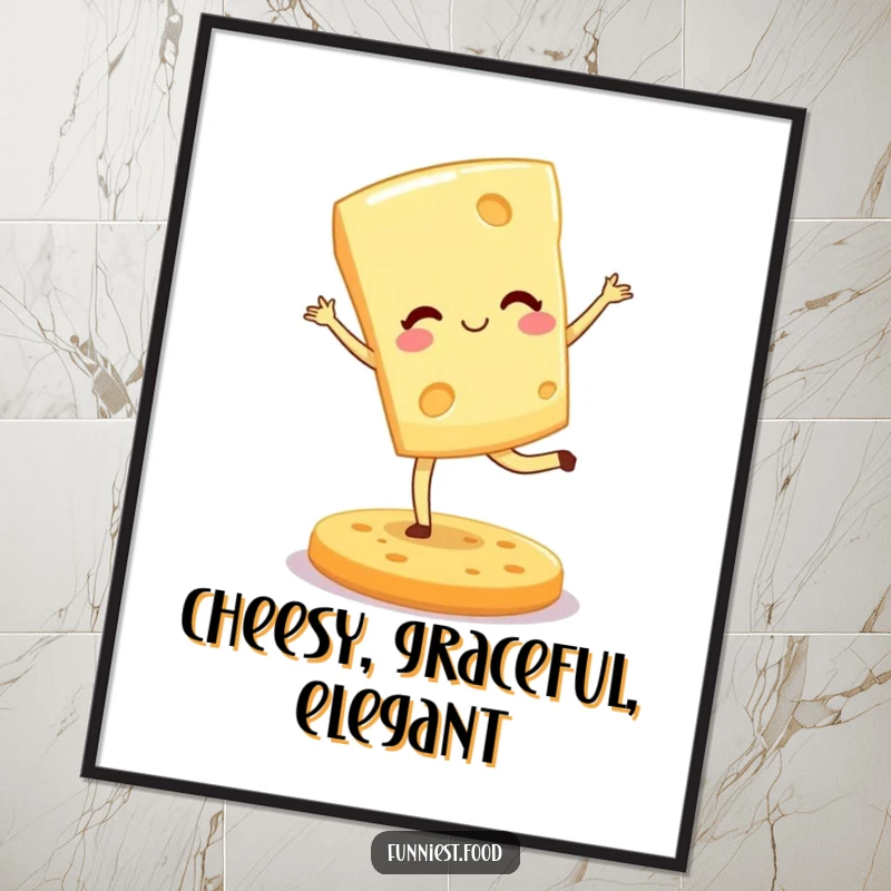 Funny Free Printable Wall Art: Winking cheese wedge doing a graceful pirouette on a cracker, a whimsical downloadable decoration.