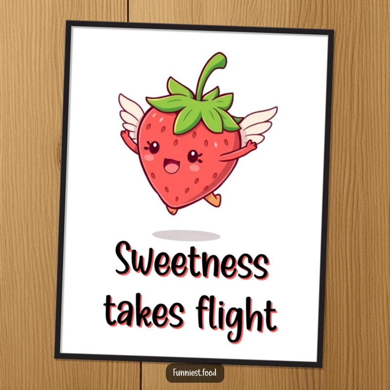 Funny Free Printable strawberry with tiny wings soaring through the air, downloadable wall art.
