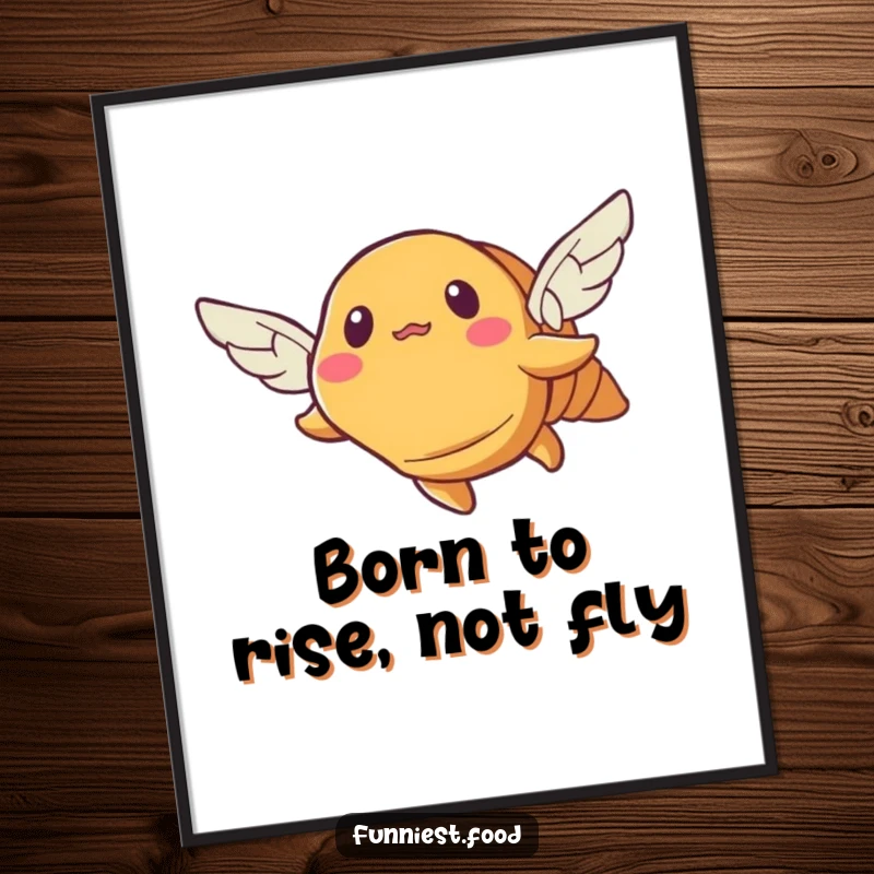 Funny Free Printable Wall Art: A bewildered croissant with tiny wings attempting an impossible flight, perfect for kitchen decor.