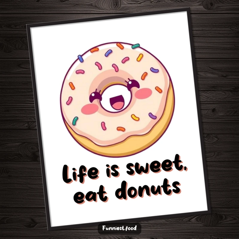 Funny Free Printable Wall Art: A happy donut covered in sprinkles, bouncing excitedly with pure, infectious joy.