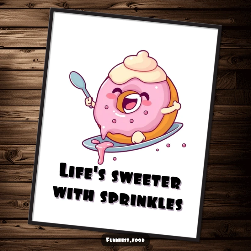 Funny Free Printable Wall Art: A joyful donut with dripping frosting, riding a spoon like a surfboard.
