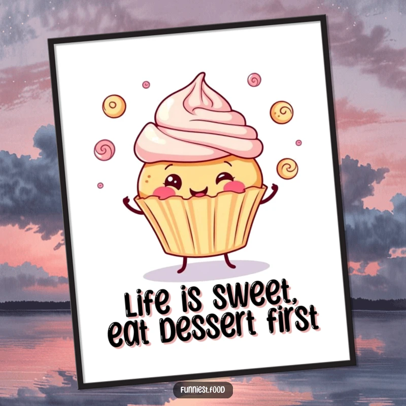 Funny Free Printable Wall Art: A jolly cupcake expertly juggling small frosting swirls, adding cheerful vibes to any room.