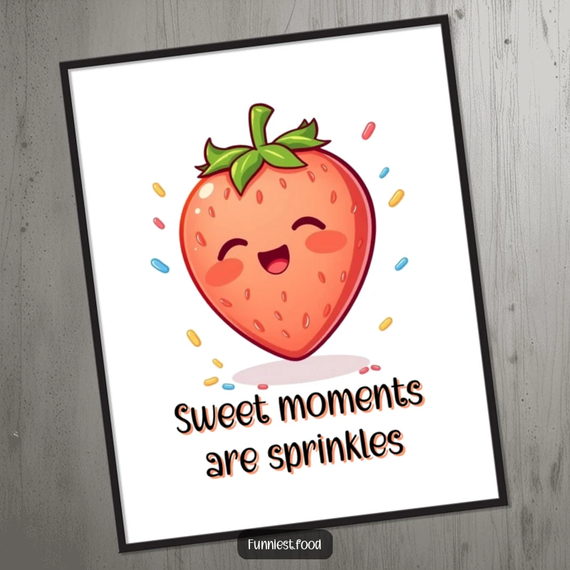 Funny Free Printable Wall Art: A delighted strawberry joyfully catches colorful falling sprinkles, radiating happiness.