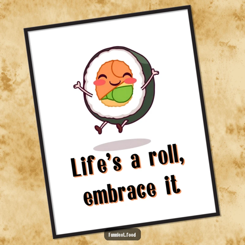Funny free printable wall art of a smiling sushi roll character with tiny legs performing a lively cartwheel.