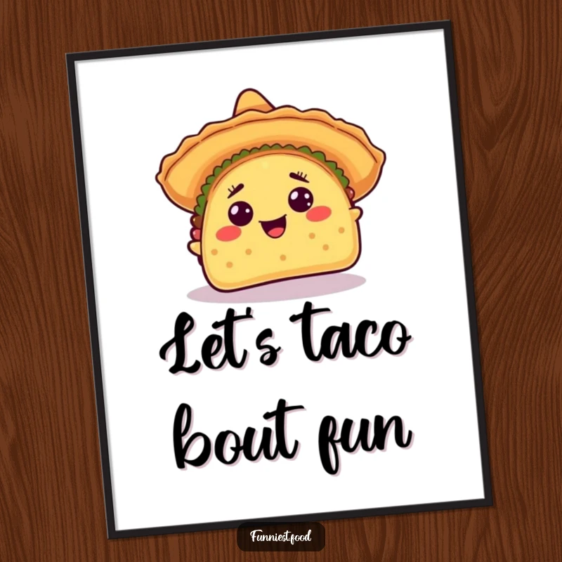 Funny free printable wall art of an overjoyed taco with a sombrero tipping, celebrating life with vibrant, festive energy.