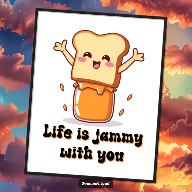 Funny Free Printable Wall Art: A smiling piece of toast character gleefully leaping over a jam jar, vibrant and cheerful.