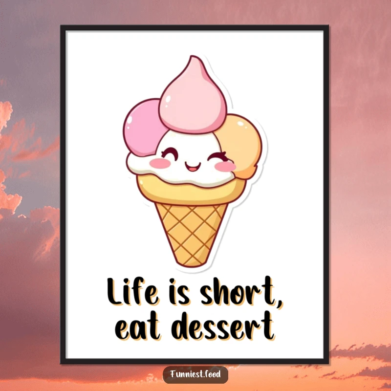 Funny Free Printable wall art of a happy three-scoop ice cream cone character, all winking playfully, perfect for a cheerful room.