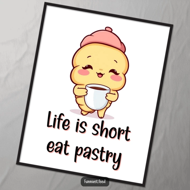 Funny Free Printable Wall Art: A sophisticated croissant wearing a beret enjoys a coffee cup, chic and humorous.