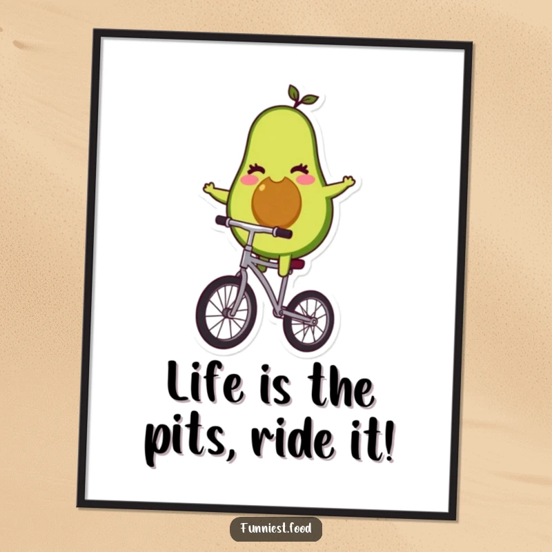 Funny free printable wall art of a winking avocado character skillfully balancing on a unicycle, designed for quirky wall decor.