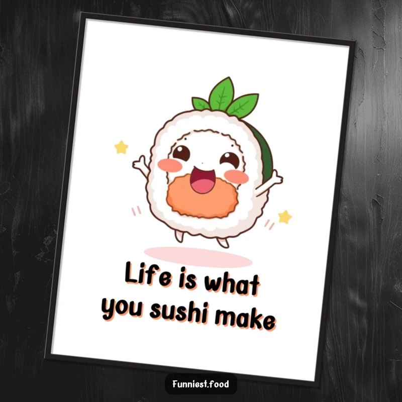 Funny Free Printable Wall Art: A delighted sushi roll with arms and legs doing a happy dance, bursting with joy.