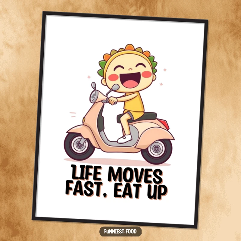Funny Free Printable Wall Art: A laughing taco character speeds by on a scooter, leaving comical speed lines behind.