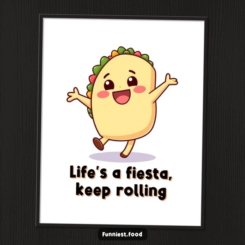 Funny Free Printable Wall Art: A cheerful taco with a wide mouth doing a dynamic cartwheel, bringing lively energy.