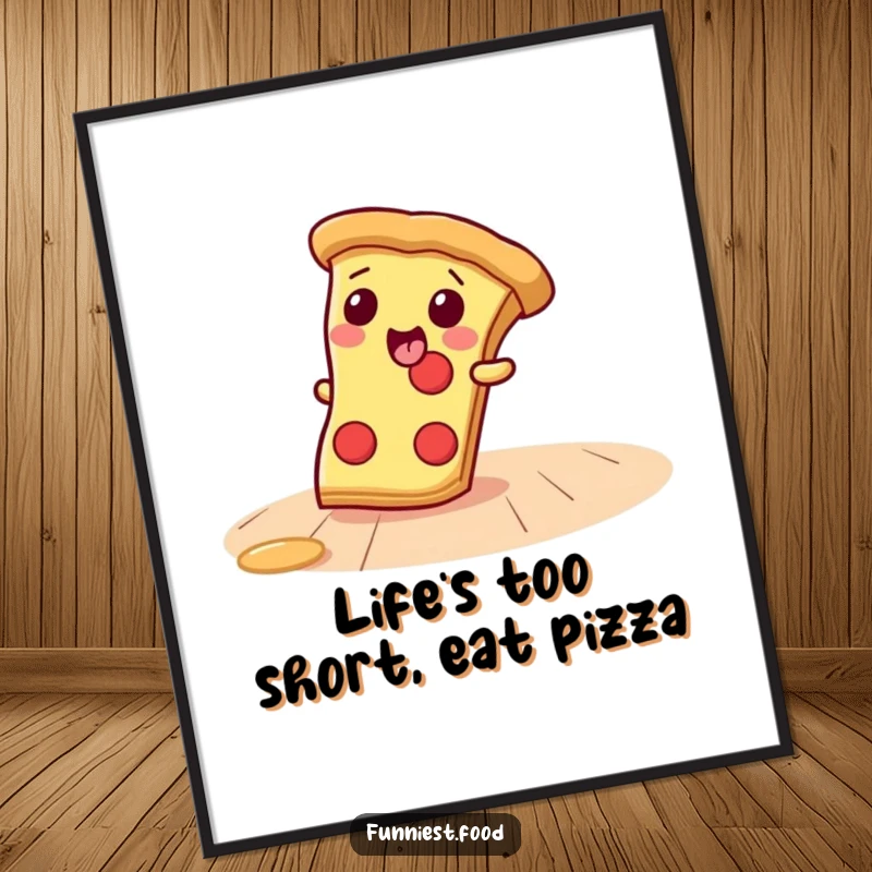 Funny Free Printable Wall Art depicting a gleeful pizza slice comically sliding across an open floor.