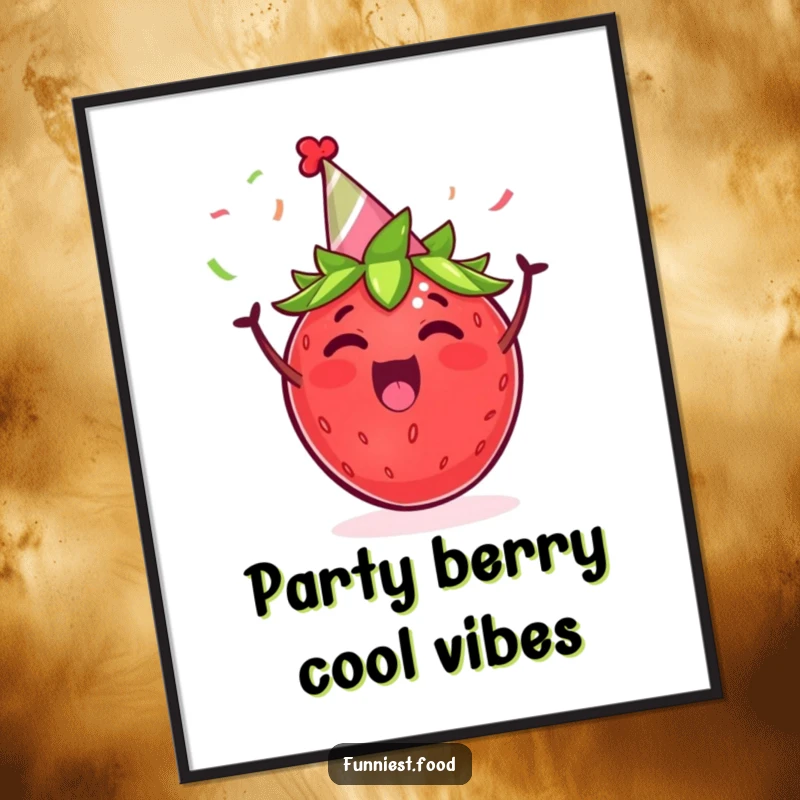 Funny Free Printable Wall Art: Excited strawberry in a party hat, cheering with tiny streamers, a joyful downloadable decoration.
